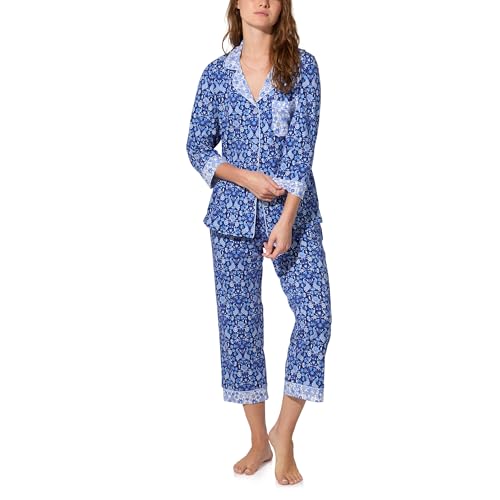 Bed Head PJs Womens 3/4 Sleeve Notch Collar & Cropped Pants Sleepwear Pajama Set, Organic Cotton