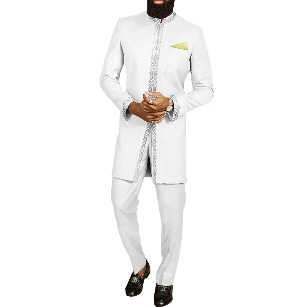 Private Customized Men's White African Suit For Jacket And Trousers 2 Piece Set Dashiki Blazer With Kerchief Bazin Riche Kaftan Wedding Evening, S