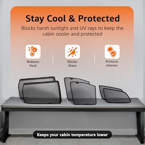 Image of Amazon Basics Side Window Sun Shade for Mahindra XUV 700 (2021 Onwards) - Front Half Cut + Rear Zipper | Custom-Fit Magnetic Car Curtains | Black | Pack of 6 Pcs | Cotton Mesh