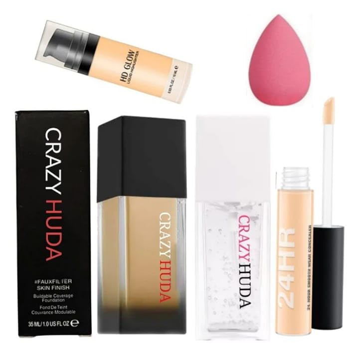 Long Lasting Liquid Foundation, Base Di Teint Primer, Hd Glow Liquid Highlighter, 24 Hour Concealer With Make Up Blander, 1 Count