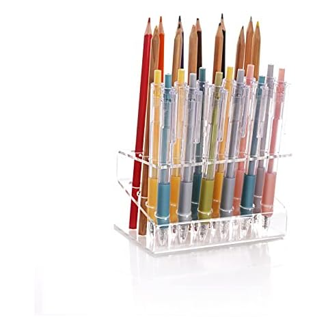 Fitlyiee Clear Acrylic Brush Display Pen Holder Z shaped Pen Organizer for Markers Coloured Pencils Paint Brushes Makeups (24 Slots) Cover