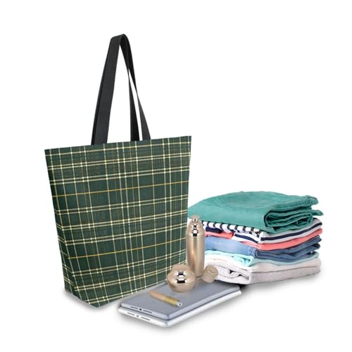 Extra Large Shoulder Tote Bag for Beach Travel Weekender Gym Dark Green Gold Plaid Pattern Reusable Grocery Canvas Shopping Bag3