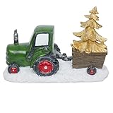 Alpine Corporation Holiday Green Tractor Pulling Tree Statue with LED Lights