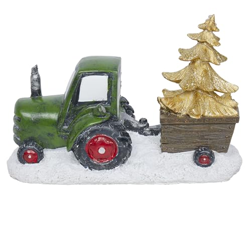 Alpine Corporation green tractor pulling a gold tree statue