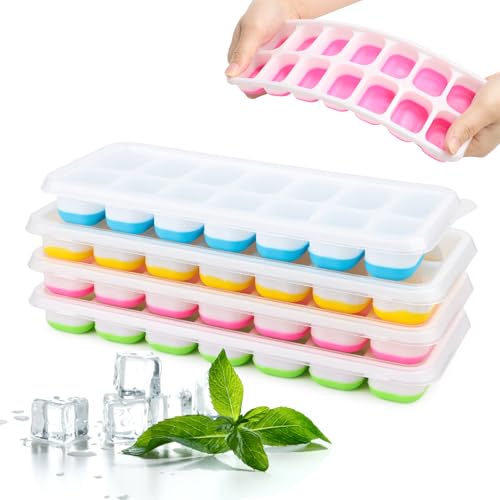 Eiswürfelform Silikon, 4er Pack Silikon Eiswürfelform Mit Decke, Eiswürfelbehälter Mit Deckel, Quadratische Eiswürfelsch...