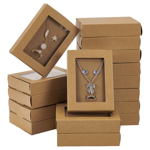 FINGERINSPIRE 16 Sets Kraft Paper Jewelry Display Drawer Box with Clear Window 4.5x3.4x1 Inch Jewelry Necklace Boxes Ring Earring Jewelry Gift Boxes in Bulk for Earing Pendants Rings Storage Display