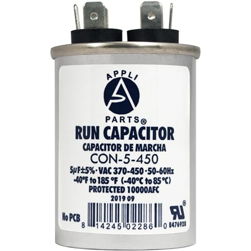 Appli Parts Run Capacitor for ac 5 Mfd uF (microfarads) 370 VAC or 450 VAC CBB65 Round Universal fit for hvac and other applications 2-1/2 in High 1-1/2 in Wide CON-5-450