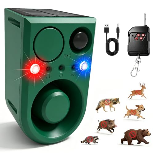 ChunHee Solar Outdoor Motion Sensor Alarm with Dog Barking Alarm Sound, Support Recording and Adjustable Volume, 130db Loud Noise Maker 3 Work Modes Strobe Light for Home, Villa, Farm, Barn 4pack