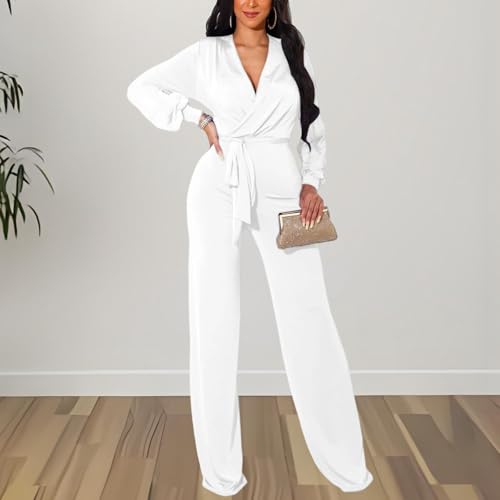 Image of shengfan Formal Jumpsuits for Women Dressy Evening Sexy Deep V Neck Plus Size Long Wide Leg Pants Rompers Clubwear
