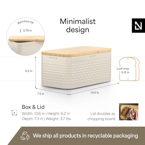 Image of LARS NYSOM Bread Box I Metal bread box for long lasting freshness with non-slip pads I Baked goods Bin with bamboo lid usable as cutting board I 13.6x7.3x6.2in (Cream Beige)