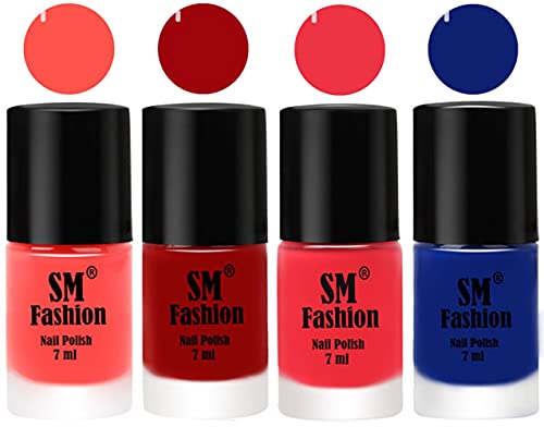 Image of Nail Polish Combo Set (Pack of 4) Quick Dry Gel Finish Nail Paint | Baby Pink,Light Red,Rose Pink,Blue | 7 ml Each