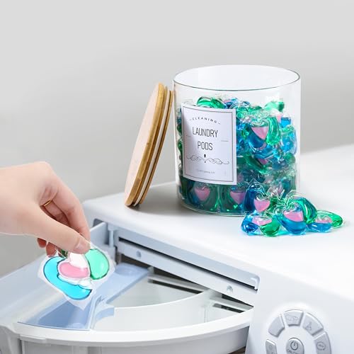 2 Pack Laundry Room Organization Glass Jars- Laundry Pods Container With Airtight Bamboo Lid- Dishwasher Pods Container. Laundry Jars For Detergent Powder, Dryer Balls,Scent Boosters(0.5+0.8Gallon)