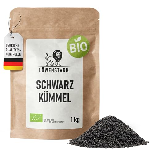 Löwenstark I Schwarzkümmel ganz BIO 1 kg I Bio-Schwarzkümmelsamen ideal für Backwaren & zum Würzen von Käse Gemüsegerichten sowie Salaten I Veganer & getrockneter Kümmel