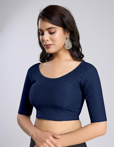 Image of TRENDMALLS Women's Dobby Pure Cotton Elastin Stretchable Readymade Round Neck Elbow Length Sleeves Blouse Choli Stylish Saree Blouse Ready to Wear