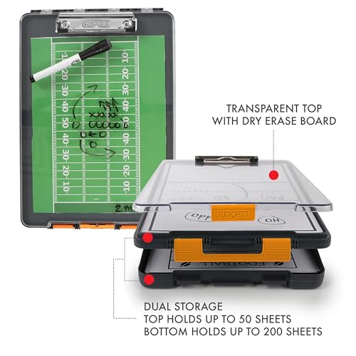 Image of Dexas Clearview Clipcase Dry Erase clipboard, 13.75 x 9.5 Inch, Orange. See papers clearly outdoors, stay organized and dry. Ideal for coaching, teaching, homeschooling, art, trades, and medical pros.