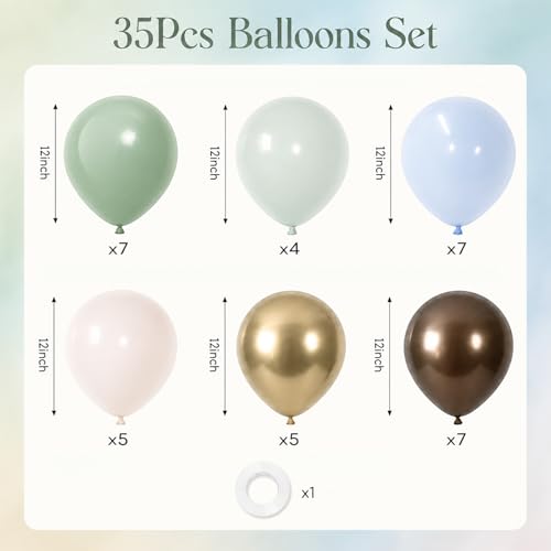 Image of Sage Green Blue Brown Balloons, 12 Inch Dinosaur Theme Dusty Blue Green | Dark Brown Latex Balloons for Jungle Safari Woodland Dino Balloons Boho Baby Shower Birthday Party Decorations