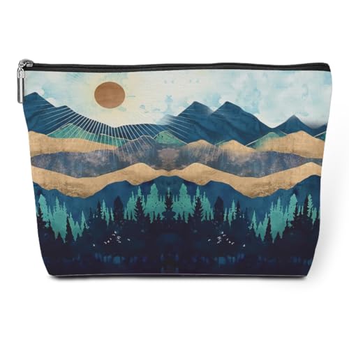 jeilink Watercolor Makeup Bag Mountain Sunshine Print -Blue Funny Christmas Birthday Gifts for Women Girl Daughter Best Friend Bestie Sister Coworker Grandma Mom Cosmetic Bag Travel Toiletry Bag