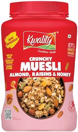 Kwality Muesli Crunchy Almonds, Raisins & Honey 900g Jar| 87% Multi Grains| Natural Source of Vitamin & Iron, High in Protein & Fiber, Low Fat & Cholesterol-Free, Healthy Food & Breakfast Cereal