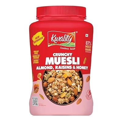 Kwality Muesli Crunchy Almonds, Raisins & Honey 900g | 87% Multi Grains| Natural Source of Vitamin & Iron, High in Protein & Fiber, Low Fat & Cholesterol-Free