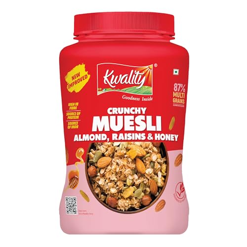 Image of Kwality Crunchy Muesli Almond, Raisins and Honey, Goodness of Multigrain, High in Fibre Source of Vitamin, Iron and Protein 1Kg Jar [Pack of 1]