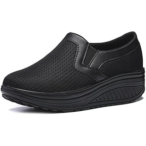 Solshine Women's Mesh Slip On Loafers Platform Wedge Heel Walking Shoes Black Cover