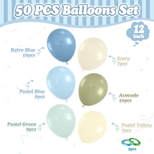 Image of FunHot Blue Green Balloons, 50 Pcs Sage Green Blue Latex Balloon, 12 Inch Pastel Yellow Ivory Helium Balloons for Boy Baby Shower Wild Birthday Wedding Boho Gender Reveal Engagement Party Decorations
