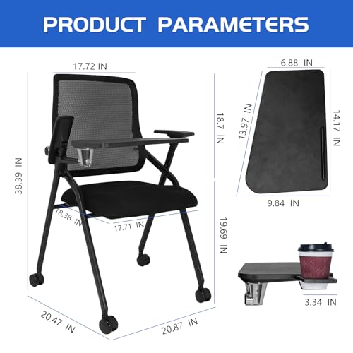 Image of Updated Conference Room Chairs with Tablet Arm, Folding Office Desk Chair with Lumbar Support and Sliding Armrest with Casters, Stackable Office Guest Chairs & Reception Chairs, 1 Pack Black