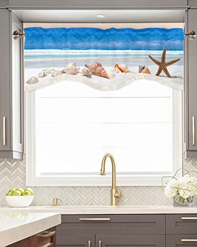 Alandar Home Beach Starfish Valance Curtain For Kitchen Windows,Sea Shell Window Valances Rod Pocket Curtains With Tassel,Summer Blue Short Window Treatment For Living Room Bathroom Bedroom 54X18In #TOP1