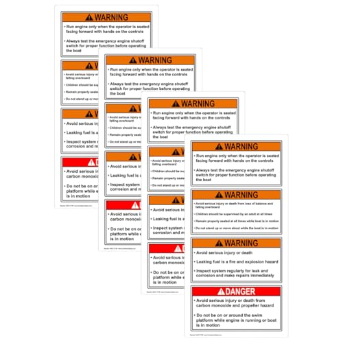 ComplianceSigns.com WARNING Boating Safety ANSI Label Decal, 4 x 2 inch 4-Pack Flexible Vinyl with Adhesive Backing for Recreation, American Made Safety Signs for the Workplace
