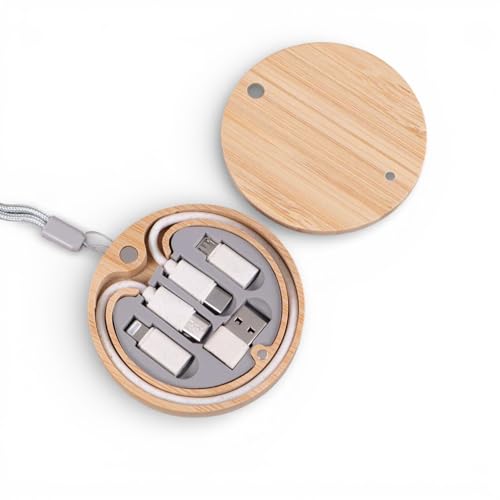 Bigsmall Bamboo Round Cable Organizer with Multi Charging Cables | Eco-Friendly Wooden Cable Case | Type-C, Micro USB & Lightning Connector Storage Box for Travel & Daily Use