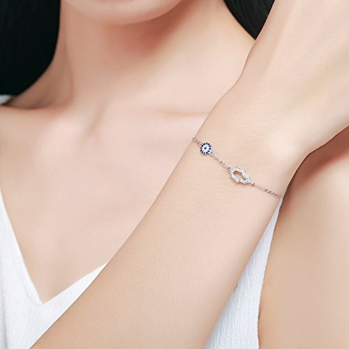 TONGZHE Blue Evil Eye Hamsa Hand Bracelet in Sterling Silver 925 with Cubic Zirconia CZ and 7"+1.5" Cable Chain - Image 3