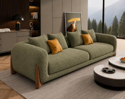 Image of Modern Sofa, Teddy Fabric, Chesterfield Style, Wooden Legs, for Living Room, Bedroom, Hallways (Olive - 3 Seater)