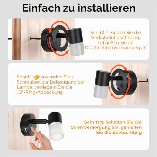 acegoo 12V Leselampe Wohnmobil LED Dimmbar Bett Lampe mit USB-Schnellladegerät, Acryl Spot 24VDC für Boot Wohnwagen Camper Van Yacht Innenbeleuchtung, Fest verdrahtet 3200K/rote Nachtlicht Schwarz