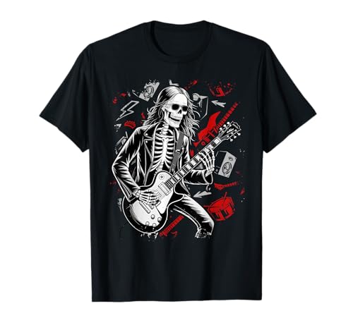 Skeleton Playing Guitar Graphic Rock and Roll Band On T-Shirt