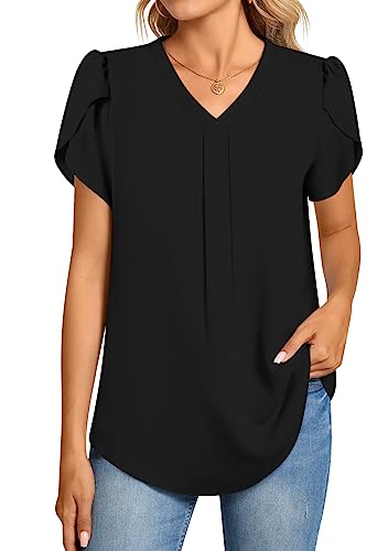 Aodemo Women Summer Dressy Chiffon Blouse Petal Short Sleeve V Neck Tunic Tops Office Casual T-Shirt S, Black