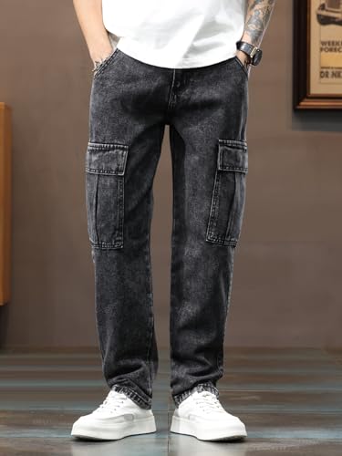 Men's Tapped and Wide Leg Jeans Non-Stretch Loose Fit Hip Hop Cargo Jeans with Multi-Pocket2