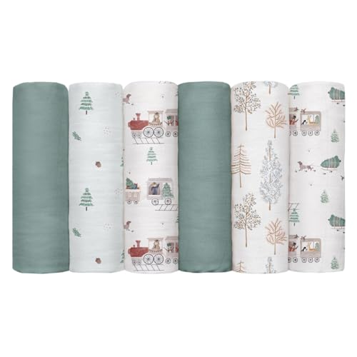 Image of GLLQUEN BABY Receiving Blanket Boy Cotton Muslin Swaddle Blankets Girl Newborn Squares Breathable & Soft Thin Baby Blankets Cloths Double Absorbent Infant Swaddling Wrap - 6 Pack (Pine Tree & Train)