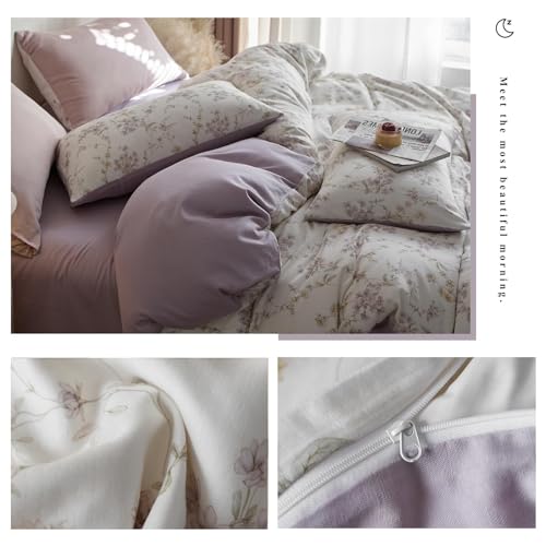 VM VOUGEMARKET Purple Floral Duvet Cover Set Queen Size,Soft Lyocell & Cotton Bedding Set,Breathable & Cool Comforter Cover for Hot Sleeper(3pcs,90x90 Inch)