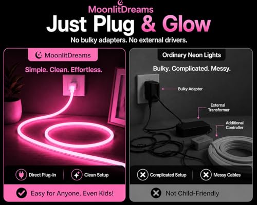 Image of MoonlitDreams 2M Neon LED Strip Light 240 LEDs (120 LED /M) - 10mm Thick, 2X Bright Glow, Direct Plug 220V No Adapter, Waterproof Flexible Rope Light for Home, Bedroom, Room Decor, DIY & Party (Pink)