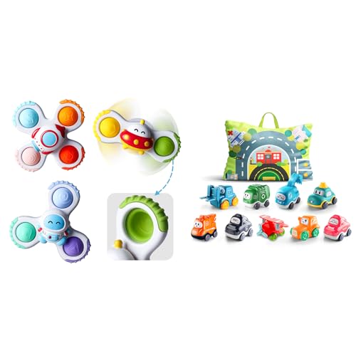 Image of ALASOU 3 PCS Suction Cup Spinner Toys and 9 PCS Cartoon Car Toys with Playmat for Infant and Toddlers