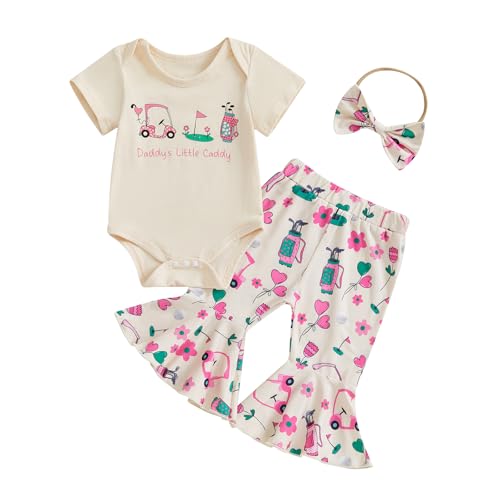 Newborn Baby Girl Golf Outfit Daddy's Little Caddy Onesie Romper Golf Cart Flare Pants Set 3Pcs Summer Clothes