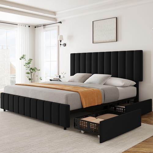 Garvee Queen Size Bed Frame with 4 Storage Drawers, Adjustable Height Headboard, Linen Upholstered Platform Bed Frame, No Box Spring Needed, Easy Assembly, Black