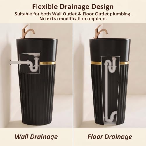 Image of BASSINO 17x17x33 Inches Ceramic Pedestal Wash Basin /7 Years Warranty /One Piece Free Standing Basin For Bathroom /Living Room /Salons /Round Modern Sink /Floor Mounted Washbasin(Glossy Black & Gold)