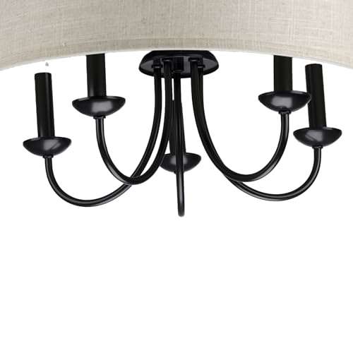 Image of Progress Lighting Drum Shade Collection Five-Light Chandelier, Farmhouse Style Hanging Ceiling Light Fixture for Dining Rooms, Foyers, Harvest Linen Shade, Matte Black