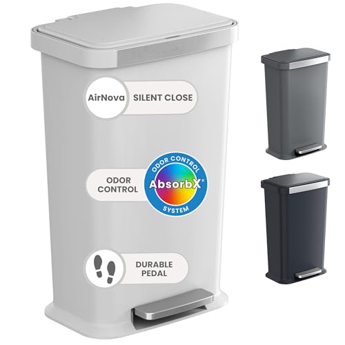 Image of iTouchless SoftStep 13.2 Gal / 50L Step Pedal Kitchen Trash Can with Odor Filter, Durable Dent-Proof Construction and Stainless Steel Trim, Garbage Bin with Lid for Home Office, Bedroom, White Plastic