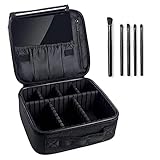 Travel Makeup Case, Cosmetic Bag Makeup Train Bags with 5 Pcs Brushes, Large Professional Portable Cosmetic Cases for Accessories Black Pink, Brush Holder Storage Bag with Adjustable Dividers (Black)