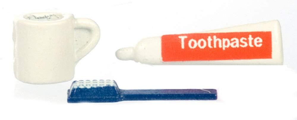 Classics by Handley House Dollhouse Miniature Bathroom Set - Toothbrush, Toothpaste, Mug - 1:12 Scale - Realistic Style - Plastic Material - Metal Color