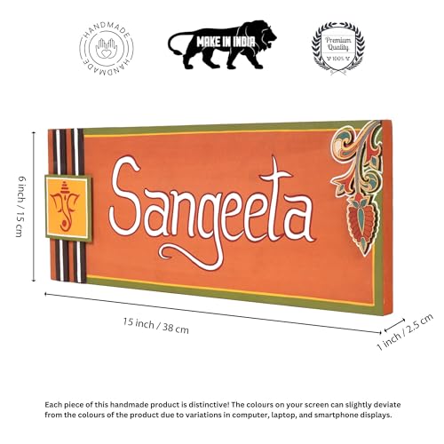Image of Aakriti Art Creations Orange Madhubani Handcrafted Folk Art MDF and Wood Nameplate for Entrance | Personalised Door Sign | Customised Name Plate for House, Apartment and Gifting