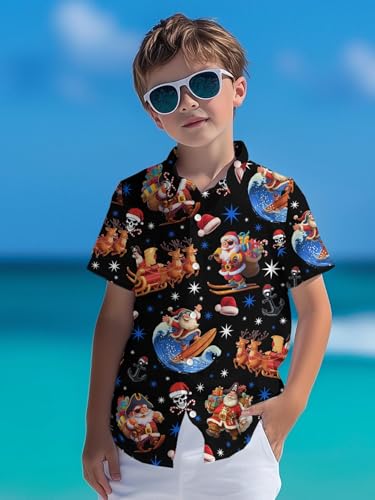 Image of THE PIRATE KING Funny Pirate Hawaiian Shirt Boys Girls Beach Tropical Casual Short Sleeve Button Down Shirt for 5-14 Years