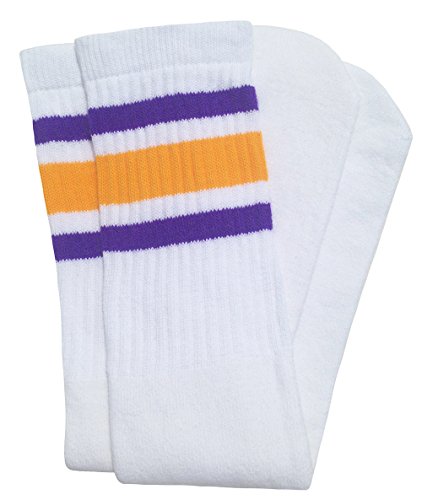 American Made Mid Calf White Tube Socks with Purple and Gold stripes style 3 for Women, Men, and all Individuals